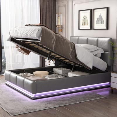 SINGULARITY-Gestoffeerd bed 160 x 200 cm met LED- metalen lattenbodem & bedkast- tweepersoonsbed met hydraulische opbergruimte- grijs (zonder matras)