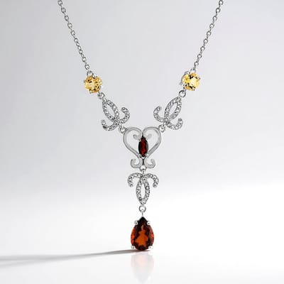 Cavill - Zilveren Halsketting - 925 Sterling Zilver - 1,44 ct Peervormige Madeira Citrien - Luxe Ketting met Granaat & Topaas - Formele Sieraden