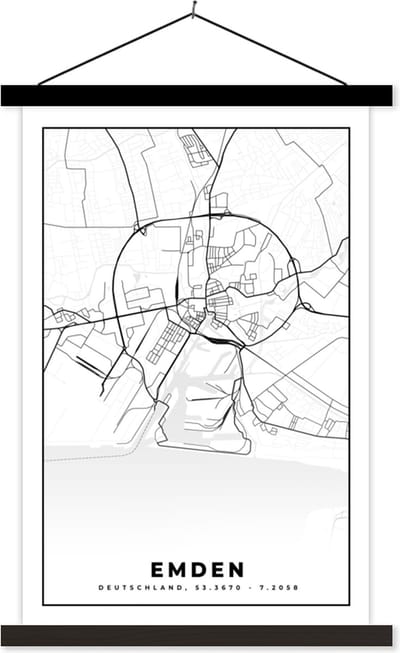 Posterhanger incl. Poster 40x60 cm - Schoolplaat - Plattegrond - Emden - Kaart - Stadskaart - Textielposter - Zwarte latten - Stadskaart