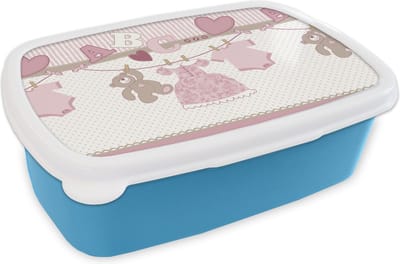 Broodtrommel Blauw - Lunchbox - Brooddoos - Baby kleren - Meisje - Knuffelbeer - Waslijn - Design - 18x12x6 cm - Kinderen - Jongen