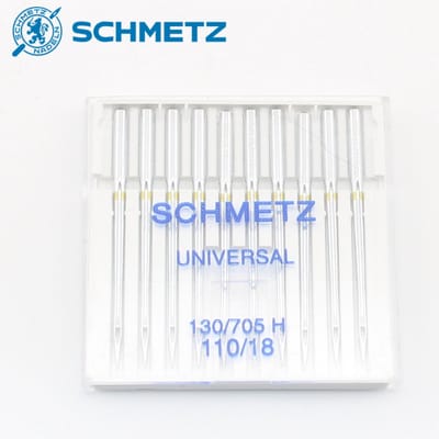 1 DOOSJE met 10 SCHMETZ UNIVERSELE NAAIMACHINENAALDEN van Hoge Kwaliteit, Model 130/705H, Maat 110/18