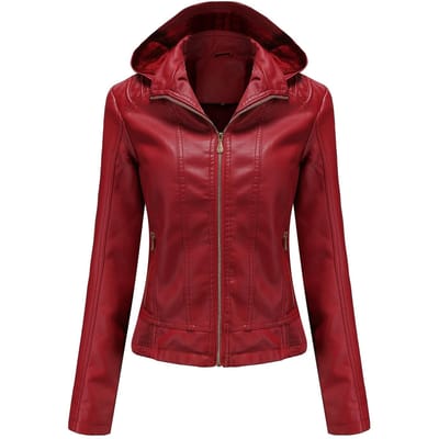 Leren jas met capuchon Dames Afneembare hoed Rits Lange mouw Fleece Leren jas Slim fit jas XXXL brown