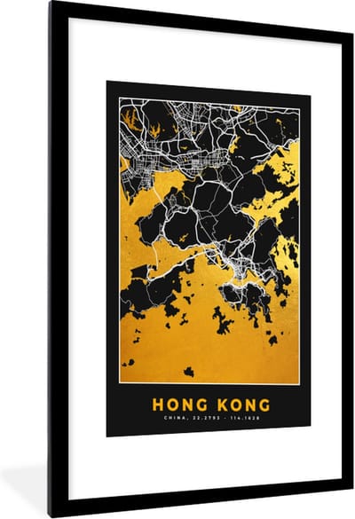 Fotolijst incl. Poster - Hong Kong - Stadskaart - Goud - Plattegrond - Kaart - 60x90 cm - Posterlijst