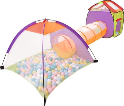 Selonis 3in1 speeltent met tunnel speeltuin popup ballenbad met 100 ballen voor kinderen, veelkleurig:wit/geel/babyblauw/powderroze/turquoise