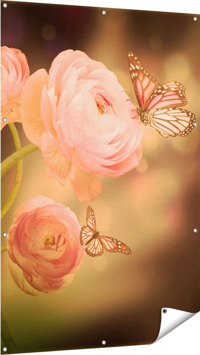 Gards Tuinposter Twee Roze Vlinders bij Roze Rozen - 100x150 cm - Tuindoek - Tuindecoratie - Wanddecoratie buiten - Tuinschilderij