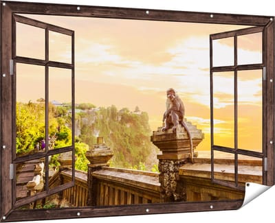 Gards Tuinposter Doorkijk Aap op de Uluwatu Tempel in Bali - 180x120 cm - Tuindoek - Tuindecoratie - Wanddecoratie buiten - Tuinschilderij