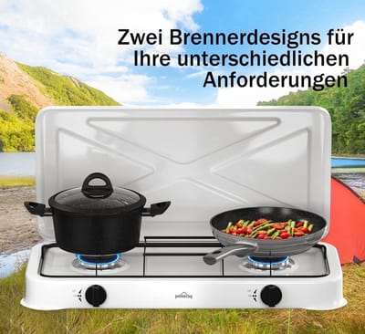 Gas kooktoestel 2-pits – Compact campingfornuis met deksel – Inclusief 1,5 m gasslang & drukregelaar 50 mbar – Wit