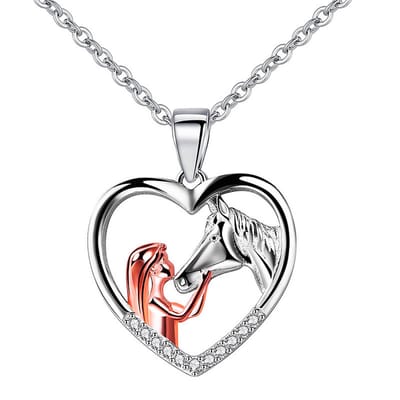 Meisje met Paard in Hart Ketting - Oranje & Zilver met Zirkonia Kristallen - 45m + 5cm verstelbaar - Pax Amare