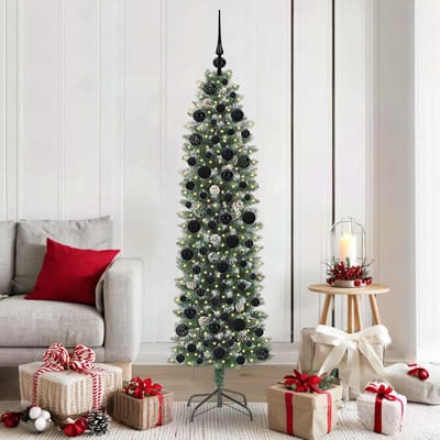 vidaXL Kunstmatige slanke kerstboom Groen en Wit 180 cm