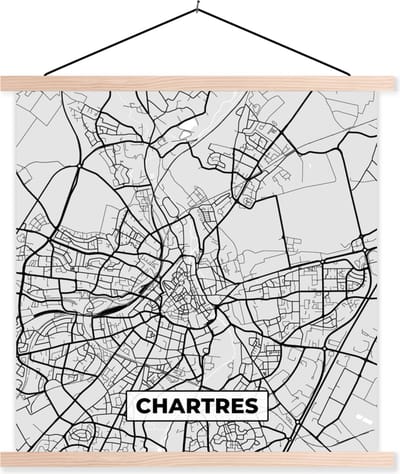 Posterhanger incl. Poster 40x40 cm - Schoolplaat - Chartres - Plattegrond - Frankrijk - Kaart - Stadskaart - Textielposter - Blanke latten - Stadskaart