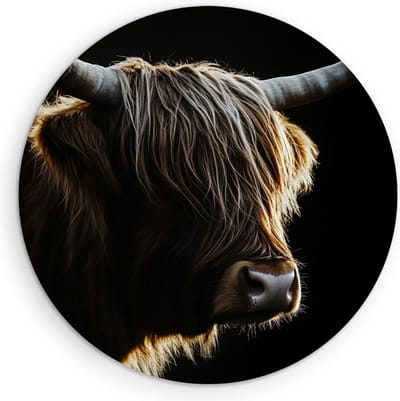 Saammp - Muurcirkel Hout Schotse Hooglander Koe tussen de rode bloemen - Dieren - Natuur - Ø 90 - Wandcirkel - Wanddecoratie Cirkel - muurdecoratie Woonkamer - Slaapkamer decoratie - Rond Schilderij