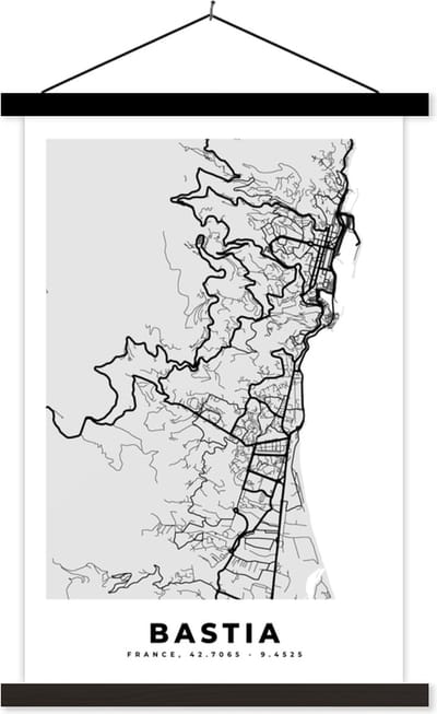 Posterhanger incl. Poster 40x60 cm - Schoolplaat - Kaart – Stadskaart – Frankrijk - Bastia - Plattegrond - Textielposter - Zwarte latten - Stadskaart