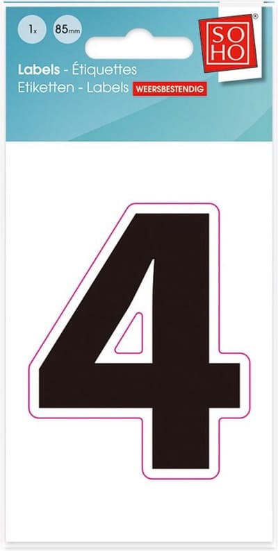 Plakcijfer - Nummer Sticker - 4 - Weerbestendig Ca. 85mm Hoog - Zwart
