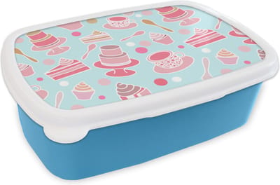 Broodtrommel Blauw - Lunchbox - Brooddoos - Taart - Thee - Cupcake - Roze - Design - 18x12x6 cm - Kinderen - Jongen