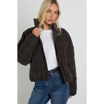 boohoo Dames Check Puffer Jacket | Brown | Maat: 14