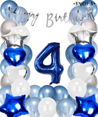 Snoes Ballonnen 4 Jaar Set Mega Blauw Zilver Ballon - Compleet Feestpakket Cijferballon 4 Jaar - Verjaardag Versiering Slinger Happy Birthday – Folieballon – Latex Ballonnen - Helium Ballonnen