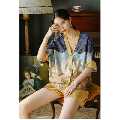 Nieuwe Zomer V-hals Geprinte Pyjama Dames Pyjamaset Zijde Satijn Korte Mouwen 2 Delen Losse Losse Casual Huispak XL beige