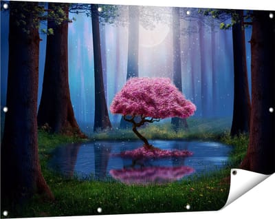 Gards Tuinposter Roze Boom op een Vijver in de Nacht - 120x80 cm - Tuindoek - Tuindecoratie - Wanddecoratie buiten - Tuinschilderij