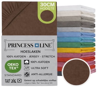 Princess Line- Comfortabel Ultra-Soft-Hoeslaken -100% katoen-Jersey -Stretch -Strijkvrij- Rondom elastiek-Hoekhoogte tot 30cm Eenpersoons -80x200 cm-Donkerbruin