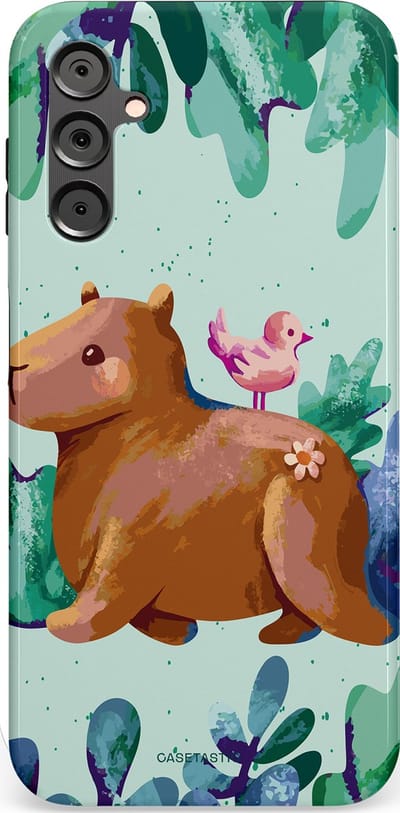 Casetastic Hoesje Geschikt voor Samsung A14 (5G/4G) - Stijlvolle Beschermende Duo-layer Case - Capibara Vogeltjes Vriend