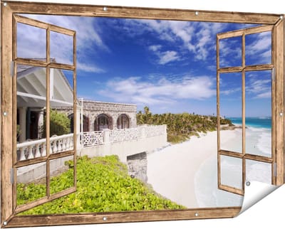 Gards Tuinposter Doorkijk Het Strandhuis - 150x100 cm - Tuindoek - Tuindecoratie - Wanddecoratie buiten - Tuinschilderij