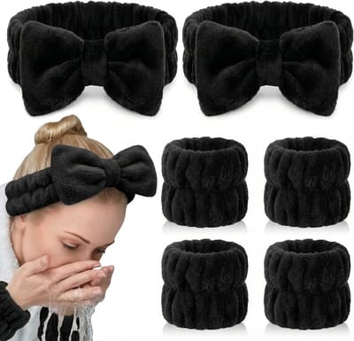 Set van 4 zachte haarbanden en polsbanden voor vrouwen - ideaal voor gezichtsreiniging, make-up en yoga (Zwart)