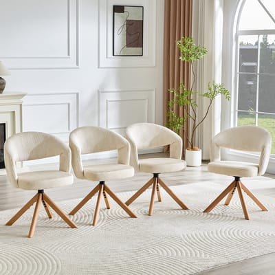 MODFU Draaistoelen Set Van 2 - Verticale Ribstructuur - Retro - Voor Eetkamer - Ribstof En Hout - Crèmewit