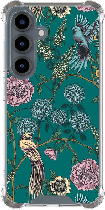 Hoesje (shockproof) geschikt voor Samsung Galaxy S25 - Vogels Japanse bloemen - Extra sterke case - TPU/polycarbonaat - Bloemen - Groen, Transparant