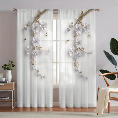 Luxe Goud Blad Veer Transparante Voile Gordijnen Voor Slaapkamer Ruimte Tule Raamgordijnen Voor Woonkamer Transparante Gordijnen Raambekleding Gordijnen 2 Stuks W85X200H(cm)x2Pcs&Grommet Top