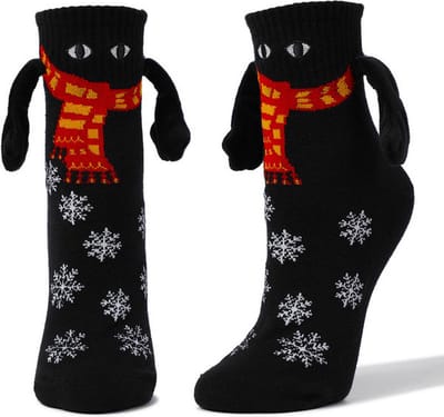 Schattige sokken met magnetische handjes - Zwart met ogen, sjaal en sneeuwvlokken - Sokken Dames/Kinderen maat 35-43