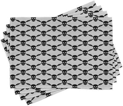 ABAKUHAUS gotische placemats, Halloween-horror-thema: Griezelige zwarte schedels in een geruit patroon met skeletbeenderen, van kleurvaste stof, voor eetkamer en keuken, wit-zwart