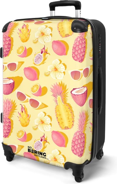 NoBoringSuitcases.com® - Koffer groot - Rolkoffer lichtgewicht - Roze en geel patroon van bloemen en tropisch fruit - Reiskoffer met 4 wielen - Large travel luggage suitcase - Vakantie reistrolley - Grote trolley XL - 20 kg bagage