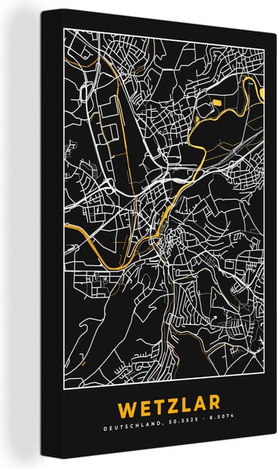 Canvas Schilderij Wetzlar - Goud - Stadskaart - Kaart - Duitsland - Black and Gold - Plattegrond - 20x30 cm - Wanddecoratie