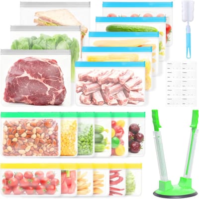 Herbruikbare diepvrieszakken - 20 stuks in 4 maten (0.7-1.7 liter) met opvouwbare standaard en schoonmaakborstel, luchtdichte ziplock zakken, BPA-vrij voor groenten, melk en sandwiches