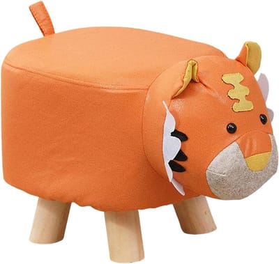 Houten Poef - Dierenkruk - Zitje - Cartoon Tijger Design - 30 x 25 x 27 cm - Oranje