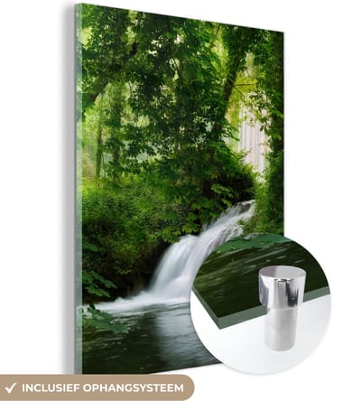 MuchoWow® Glasschilderij 30x40 cm - Schilderij acrylglas - Waterval - Natuur - Groen - Foto op glas - Schilderijen