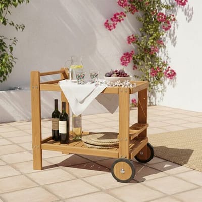 AXI Miri Teak Serveerwagen – 70 x 48 x 70 cm - Teakhout – Met 2 Wielen en 3 Flessenhouders – Buiten en Binnen – Voor Tuin, Terras en Balkon