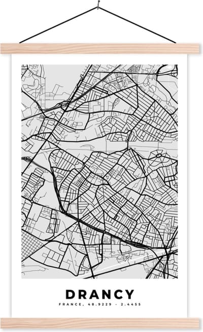 Posterhanger incl. Poster 40x60 cm - Schoolplaat - Plattegrond - Drancy - Stadskaart - Kaart - Frankrijk - Textielposter - Blanke latten - Stadskaart