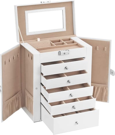 Sieradendoos, Grote Juwelendoos Met 6 Niveaus, Juwelenkistje Met Zijdelingse Klapdeuren, Laden, Spiegel En Sluiting, Voor Ringen, Oorbellen, Kerstmis, Wit Jbc152W01, Spiegelkasten