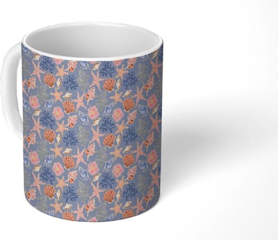 Mok - Koffiemok - Nostalgisch - Kust - Zee - Hibiscus - Blauw - Roze - Mokken - 350 ML - Beker - Koffiemokken - Theemok