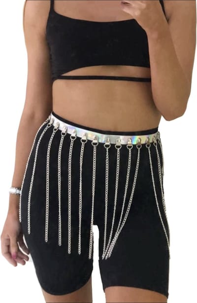 KIMU® Riem Zilver Holografisch met Kettinkjes - Zilveren PVC Iridescent PU Leer Buikketting Sexy Lederen Choker Ketting Leren Buikketting Dames Punk Swinger Gothic Taille Tailleriem Cyber Cybergoth Festival