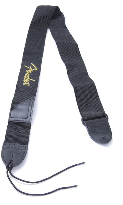 Fender Gitaarband – Zwart – Nylon – Geel Fender‑Logo – 2" Breed – Verstelbaar