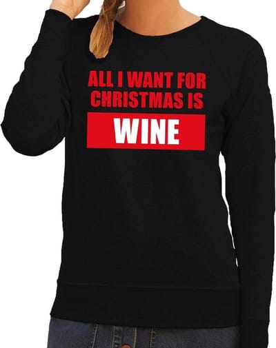 Bellatio Decorations Foute kersttrui - sweater - All I Want For Christmas Is Wine - zwart - dames - Kersttruien - Drank - Wijn XS