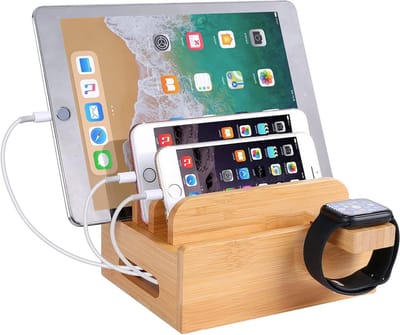 Houten Bureau Organizer met Oplaadstation voor iPhone, iPad en Smartwatches - Ruimtebesparende Houder voor Smartphones en Tablets