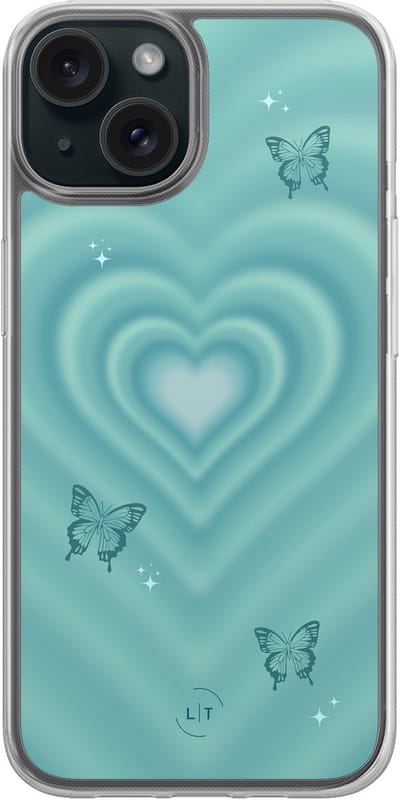 Hoesje geschikt voor iPhone 15 - Retro hart vlinder - 2in1 backcover - Print / Illustratie - Blauw - Leuke Telefoonhoesjes