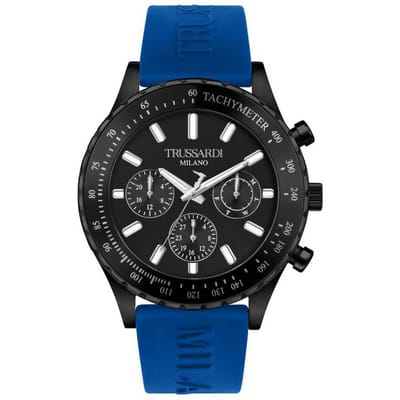 Trussardi T-Logo Tachymeter Zwarte Wijzerplaat Siliconen Band Quartz R2451148001 Herenhorloge blue