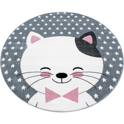 Muratap Kids poesje rond vloerkleed kinderkamer wit / grijs / roze laagpolig- 120 cm rond