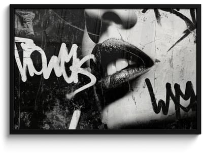 Poster in lijst - Fotolijst 90x60 cm - Posters - Gezicht - Mond - Graffiti - Zwart - Posterlijst zwart - Decoratie - Wanddecoratie woonkamer - Muurdecoratie slaapkamer