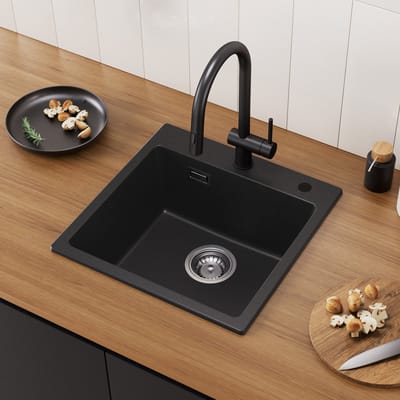CECIPA max Spoelbak Antraciet 45x45CM - Granieten Spoelbakken Keuken - Spoelbakken met Kraangat - Enkele Spoelbak - Spoelbakken Incl. Sifon en Afvoerzeefje