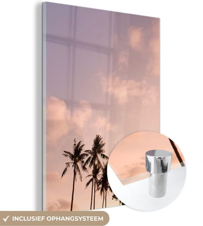 MuchoWow® Glasschilderij 120x160 cm - Schilderij acrylglas - Pastel - Lucht - Palmboom - Foto op glas - Schilderijen